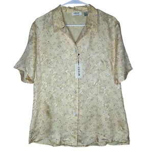 Cezar NWT VTG Washed 100% Silk Floral Button-Up‎ Top Women's Size L Short Sleeve